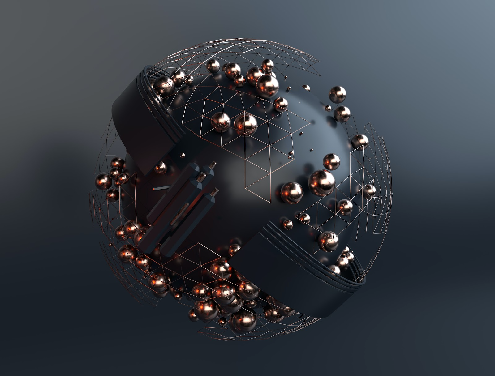 a globe of metallic balls stuck on the surface depicting areas of impact on the sphere